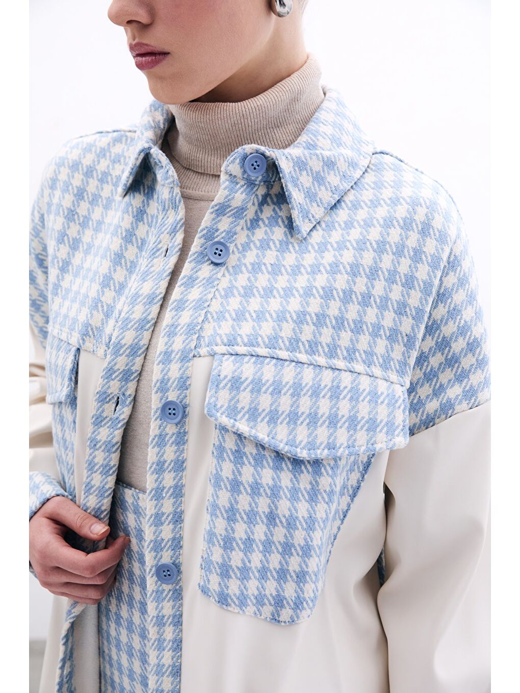 Deri Detaylı Gömlek Ceket - Ekru-Bebe Mavi-5