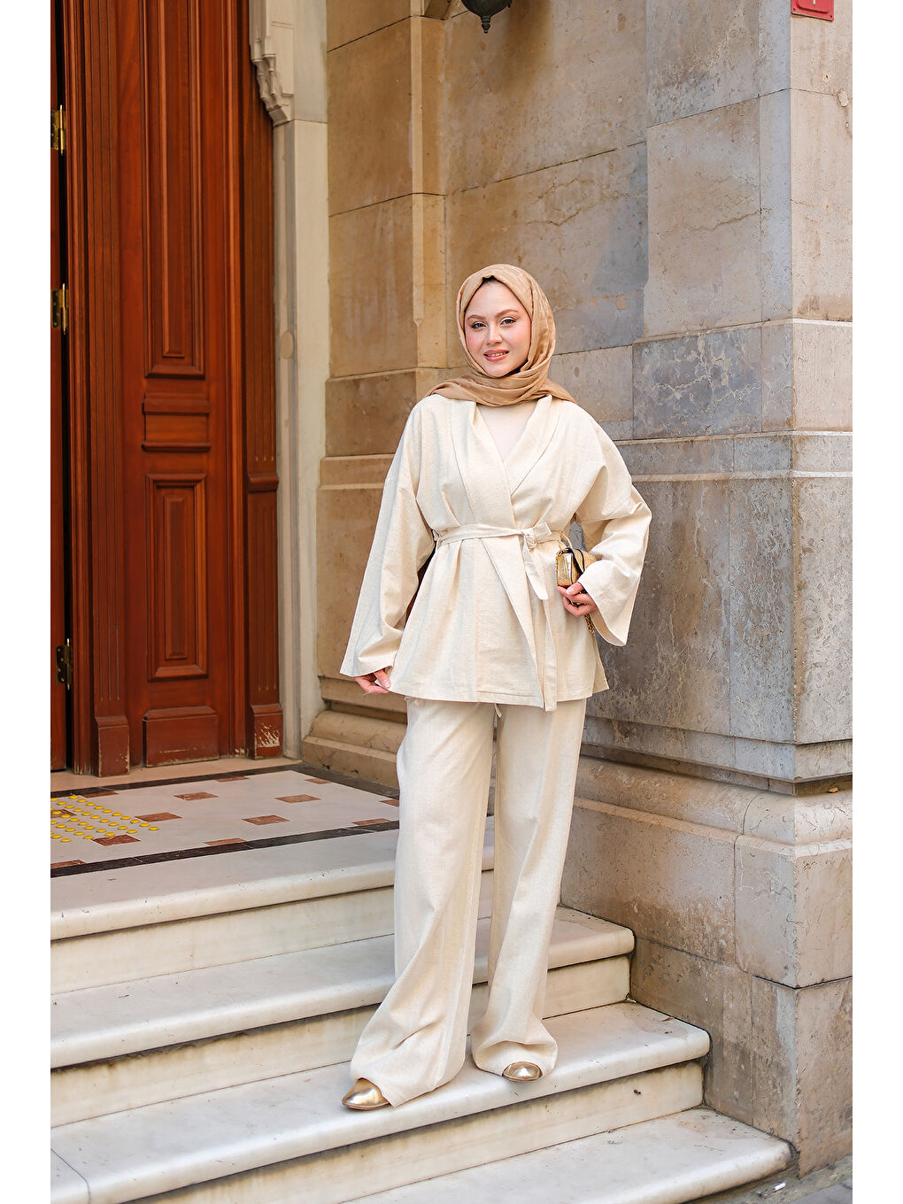 Ekru Kadın Kruvaze Yaka Keten Takım Krem-2