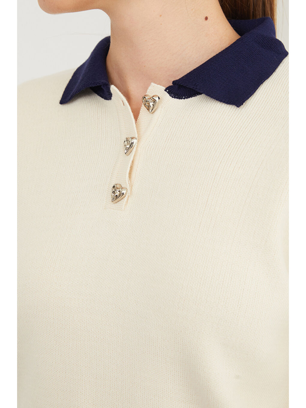 Bej Basic Gömlek Yaka Yarım Düğmeli Triko Kazak-4