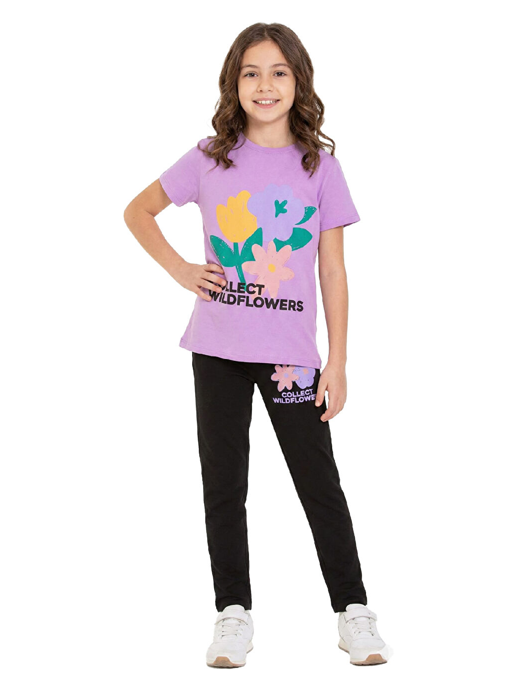 Lila Kız Çocuk Çiçek Baskılı-Taytlı Alt-Üst Takım 3-10 Yaş 12550