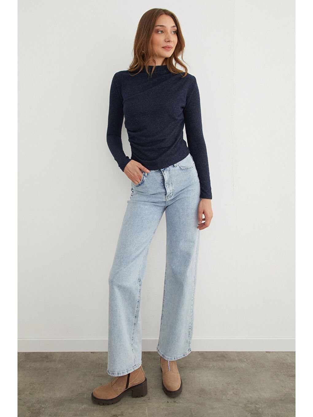 Lacivert Yanı Drapeli Dik Yaka Triko Bluz-1