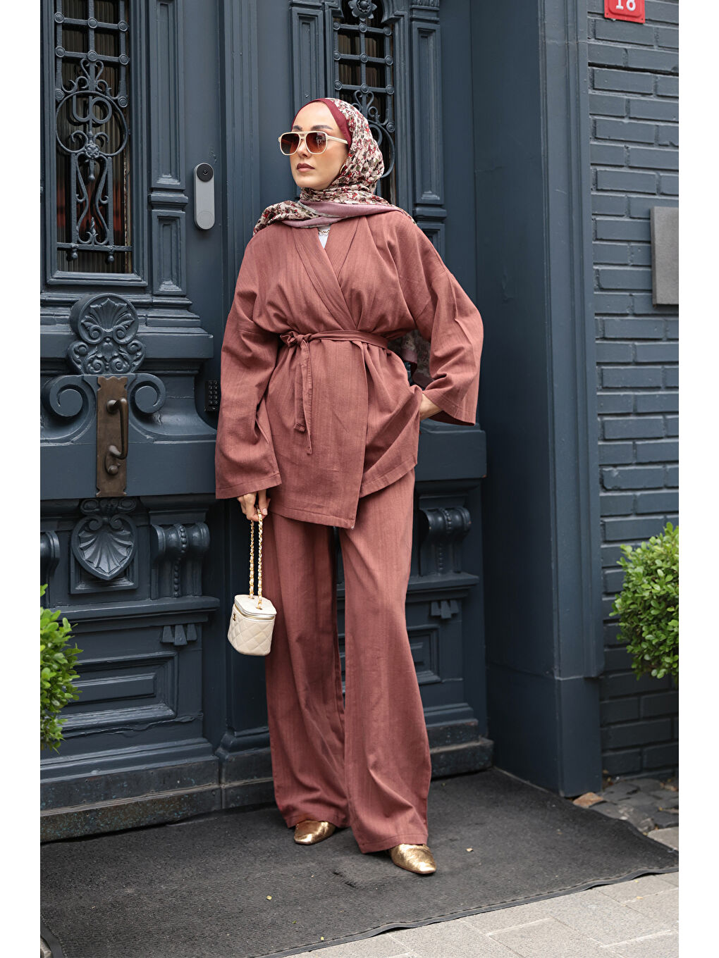 Kahverengi Kadın Kruvaze Yaka Keten Takım Kiremit-1