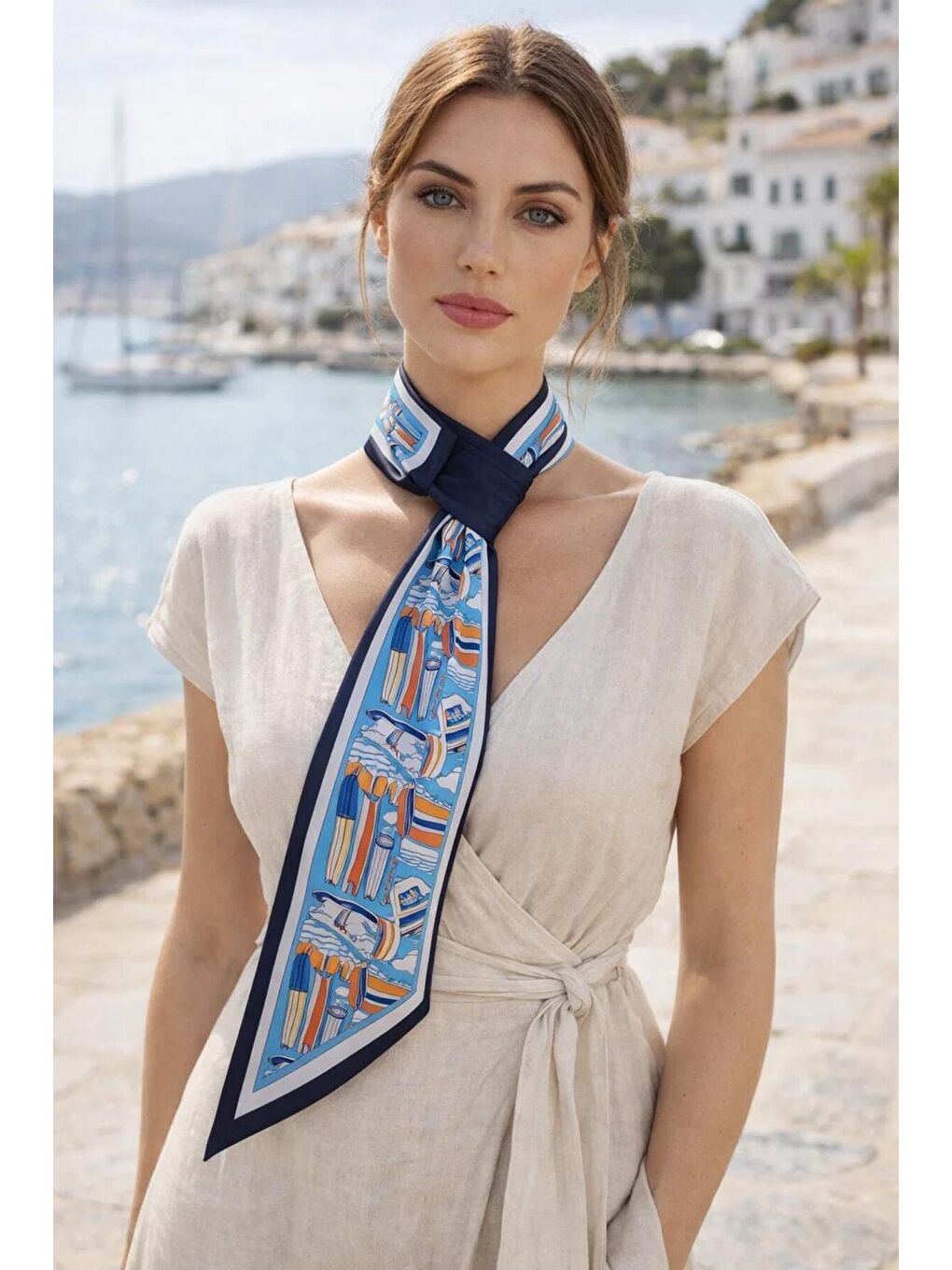 Kadın Lacivert Mavi Deniz Temalı Desenli Premium Boyun Fuları FLR1009 LACIVERT