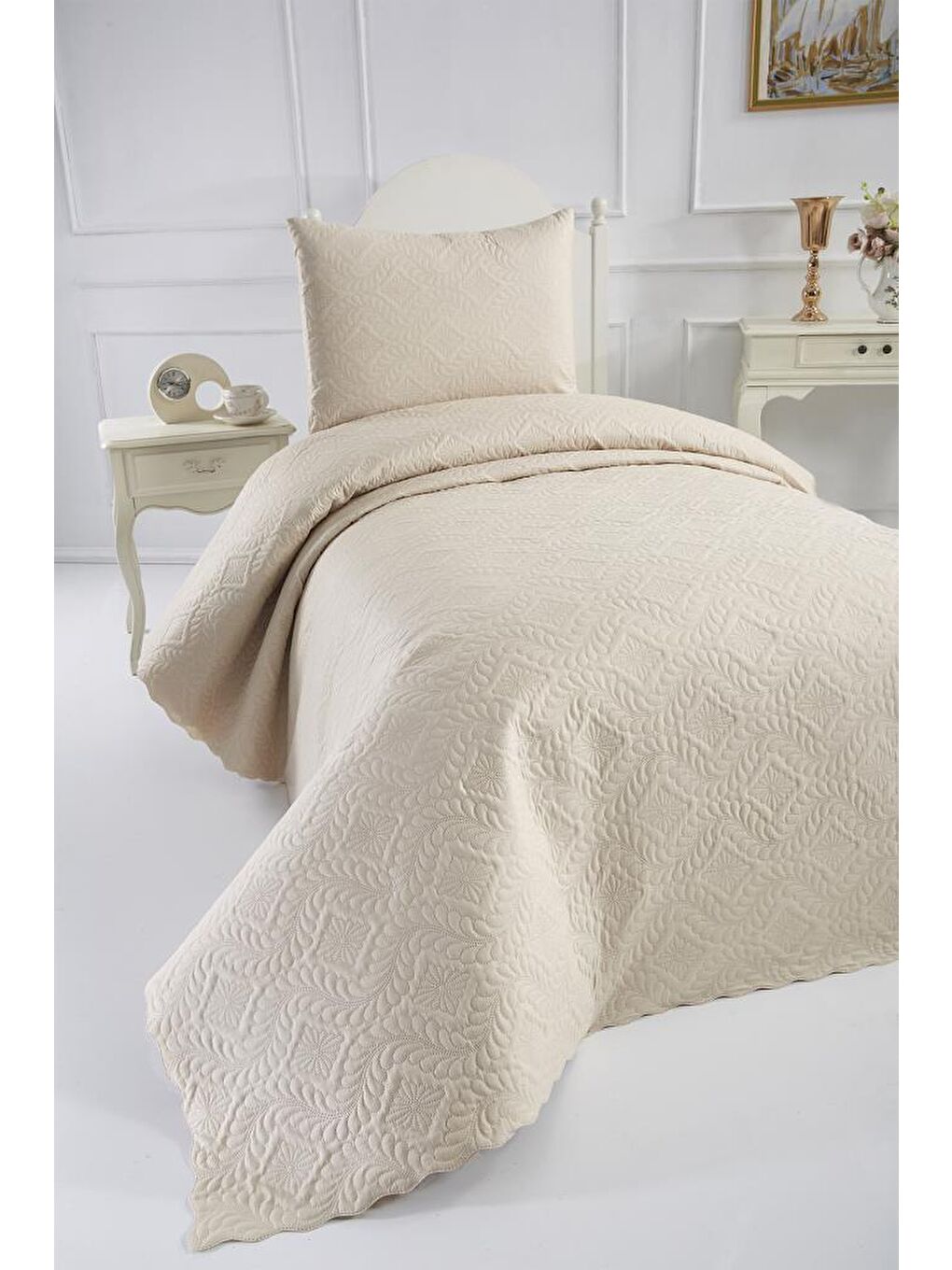 Ultrasonik Kapitoneli Elite Tek Kişilik Yatak Örtüsü Bej-1