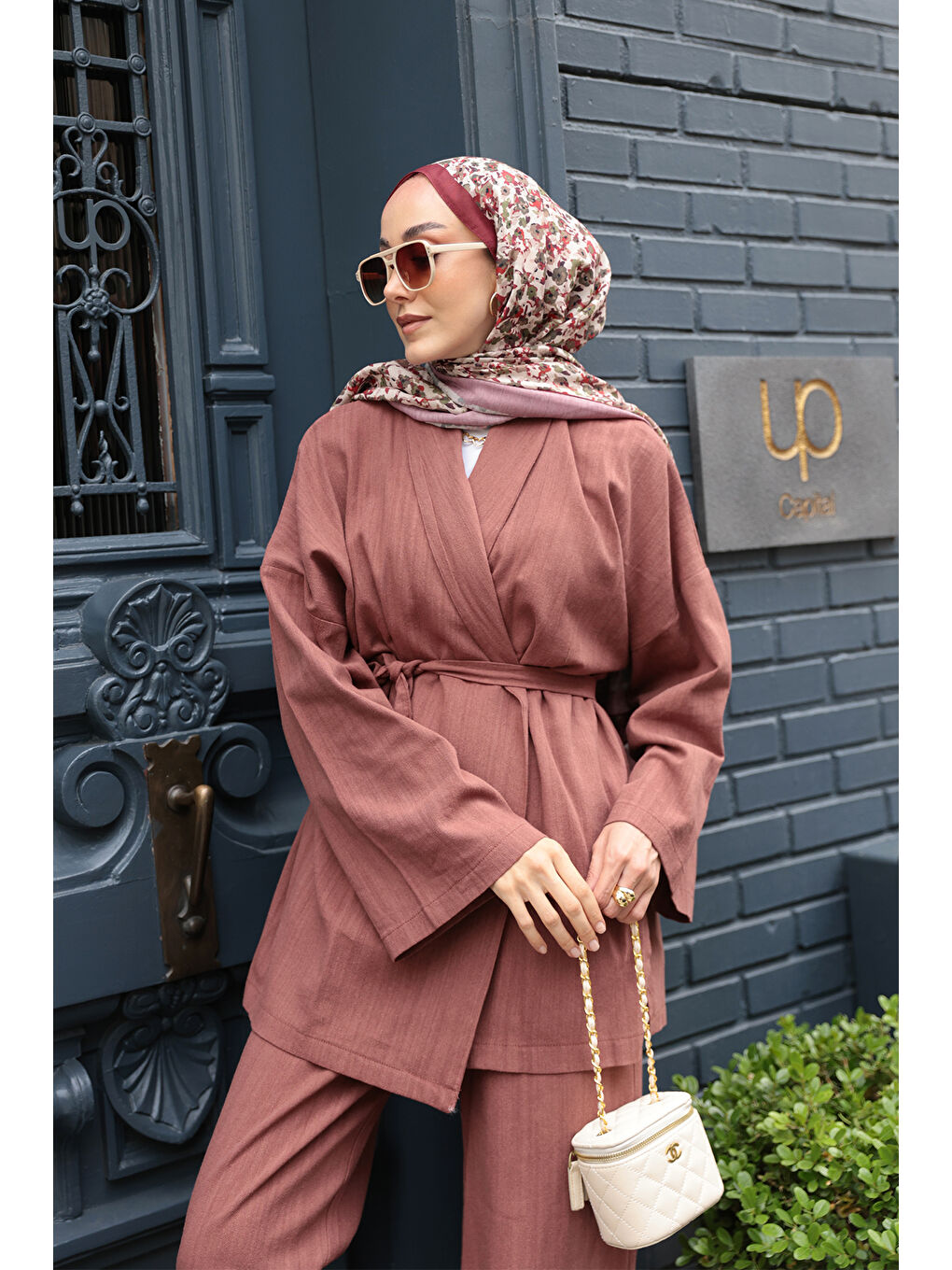 Kahverengi Kadın Kruvaze Yaka Keten Takım Kiremit-2