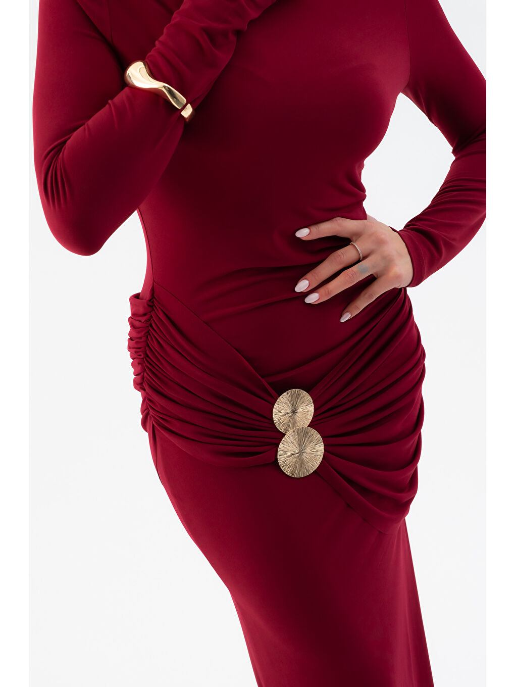 Kadın Bordo Uzun Kol Aksesuar Drapeli Maxi Elbise-3