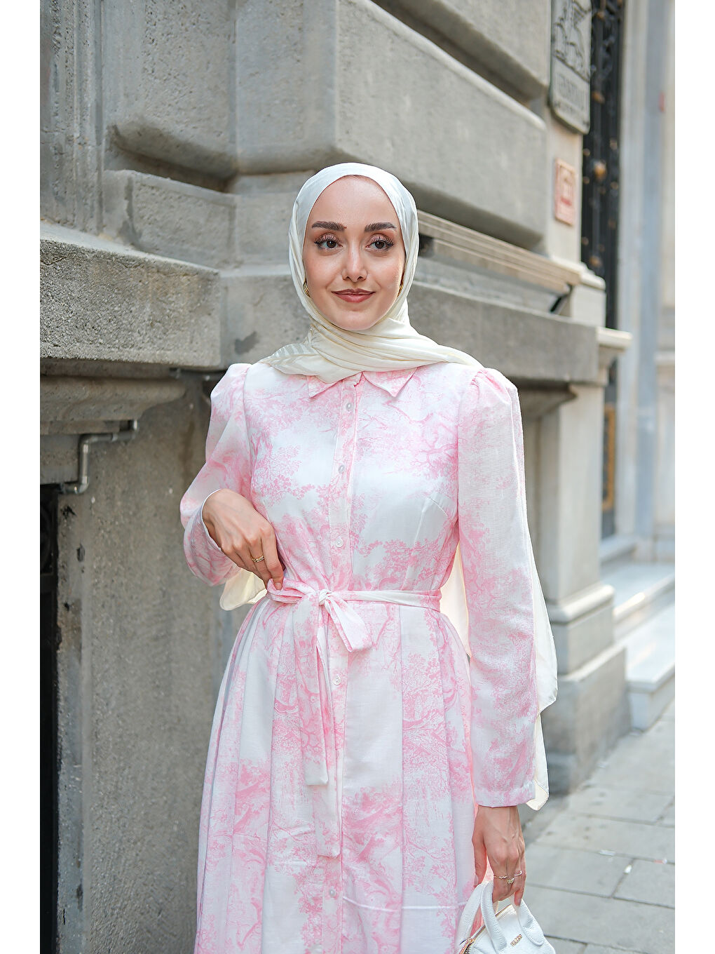 Kadın Fiyonk Detaylı Keten Elbise Pembe-1