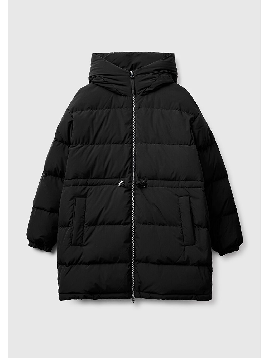 Kadın Siyah Kuş Tüyü Beli Bağcıklı Kapüşonlu Uzun Şişme Mont-1