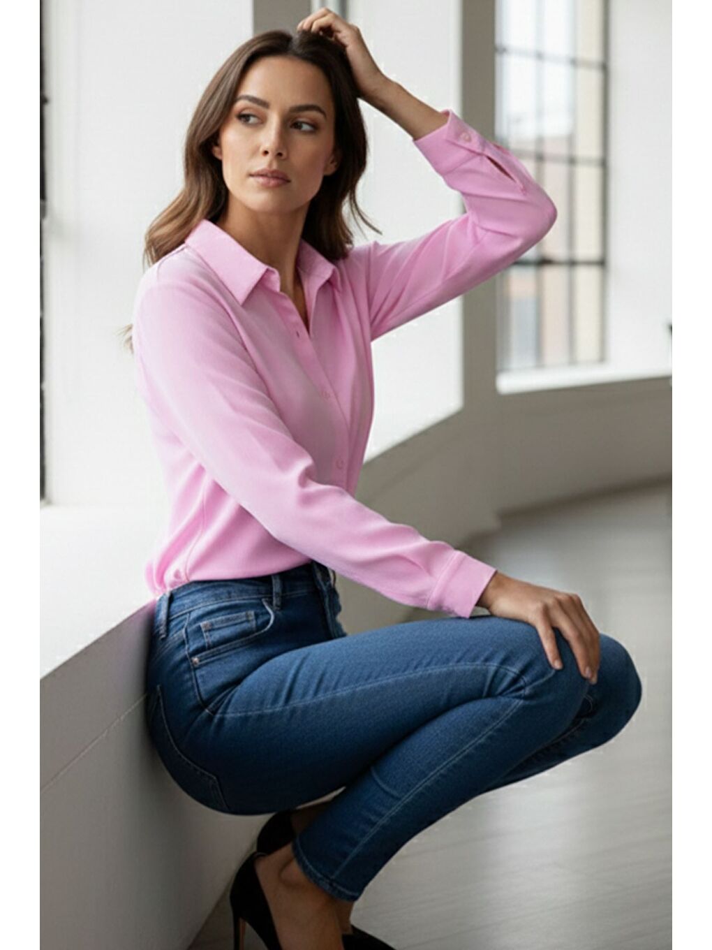 Pembe Rahat Kalıp Viskon Gömlek-1
