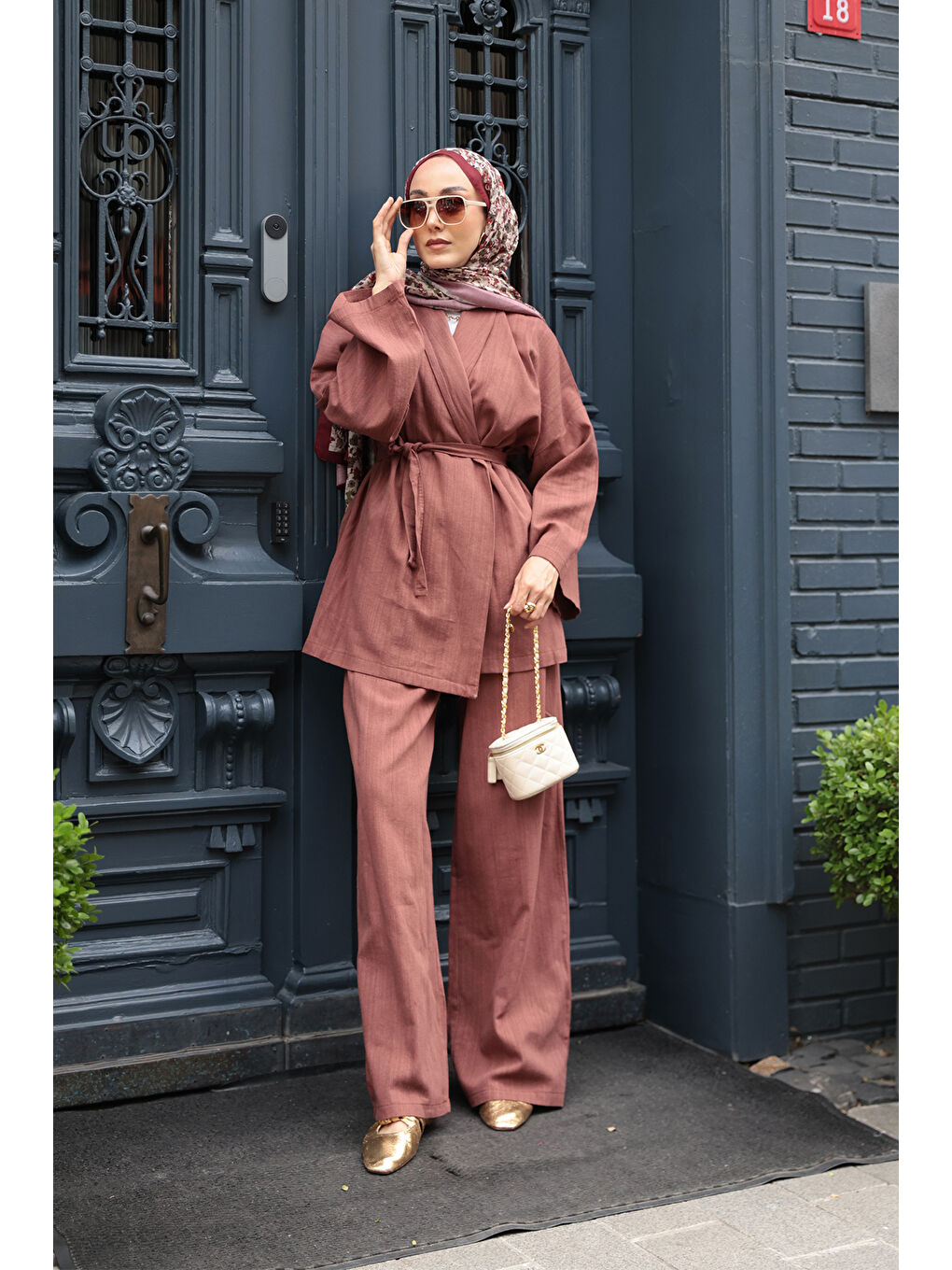 Kahverengi Kadın Kruvaze Yaka Keten Takım Kiremit-3