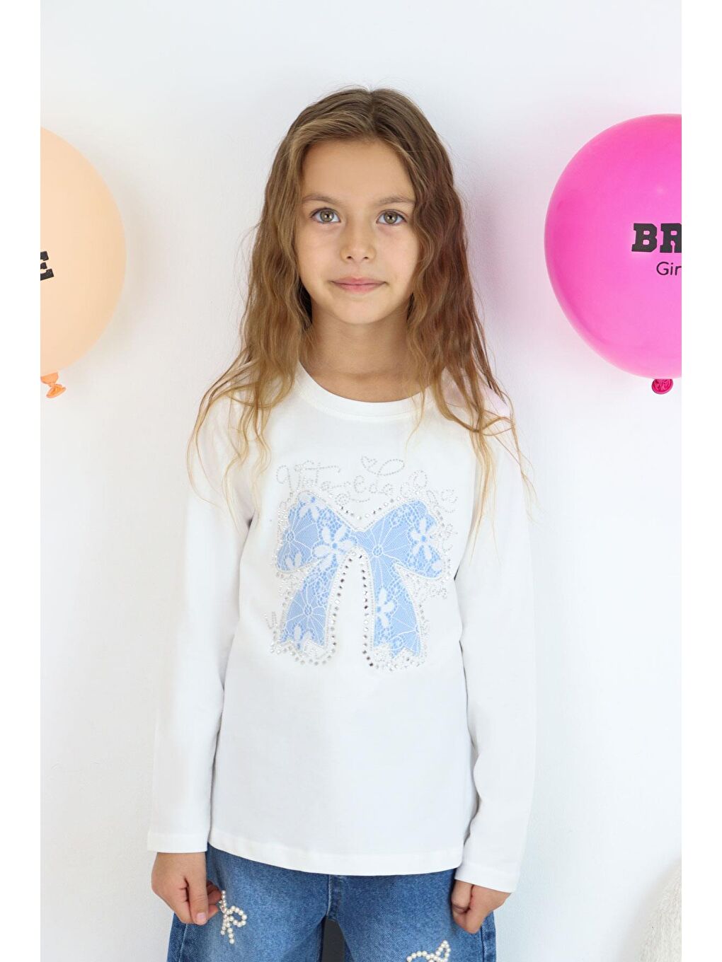 Kız Çocuk Uzun Kollu Tişört Fiyonk Baskılı Taş Aksesuar Detaylı Beyaz (8-12 Yaş)