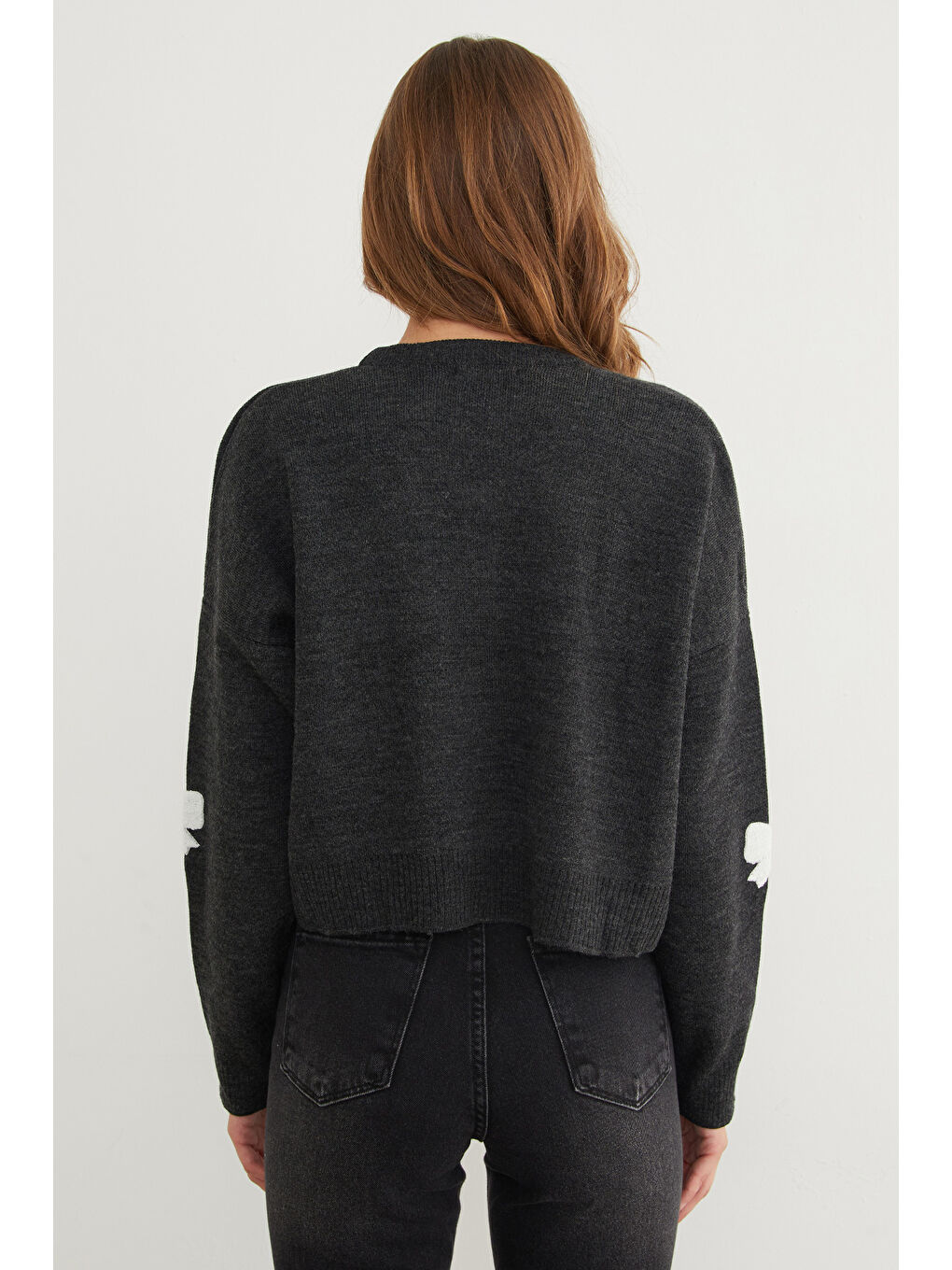 Antrasit Kurdele Nakışlı Bisiklet Yaka Oversize Triko Kazak-4