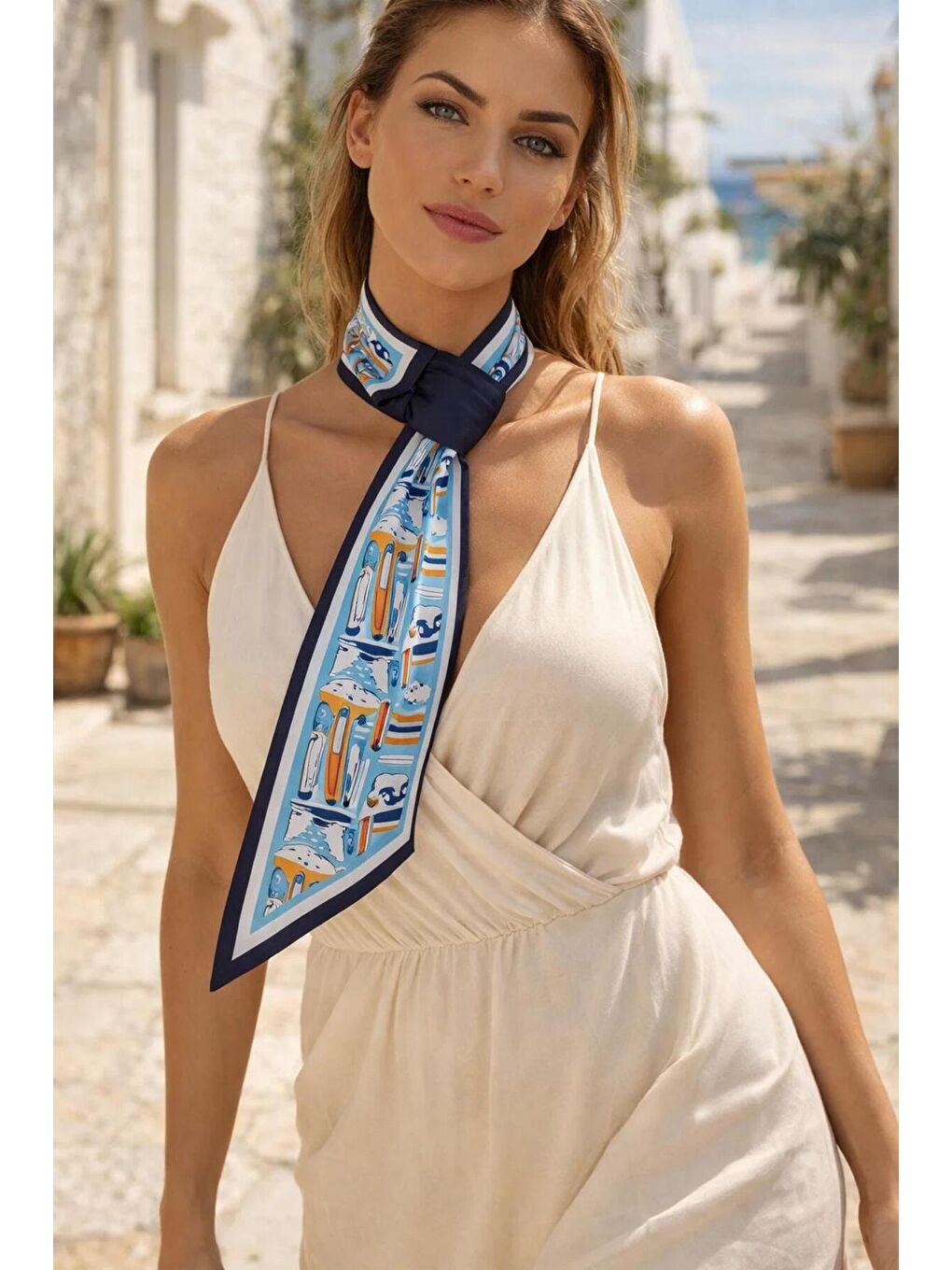Kadın Lacivert Mavi Deniz Temalı Desenli Premium Boyun Fuları FLR1009 LACIVERT-1