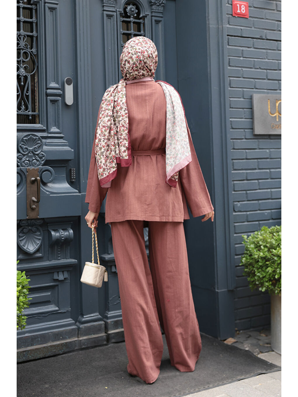 Kahverengi Kadın Kruvaze Yaka Keten Takım Kiremit-4