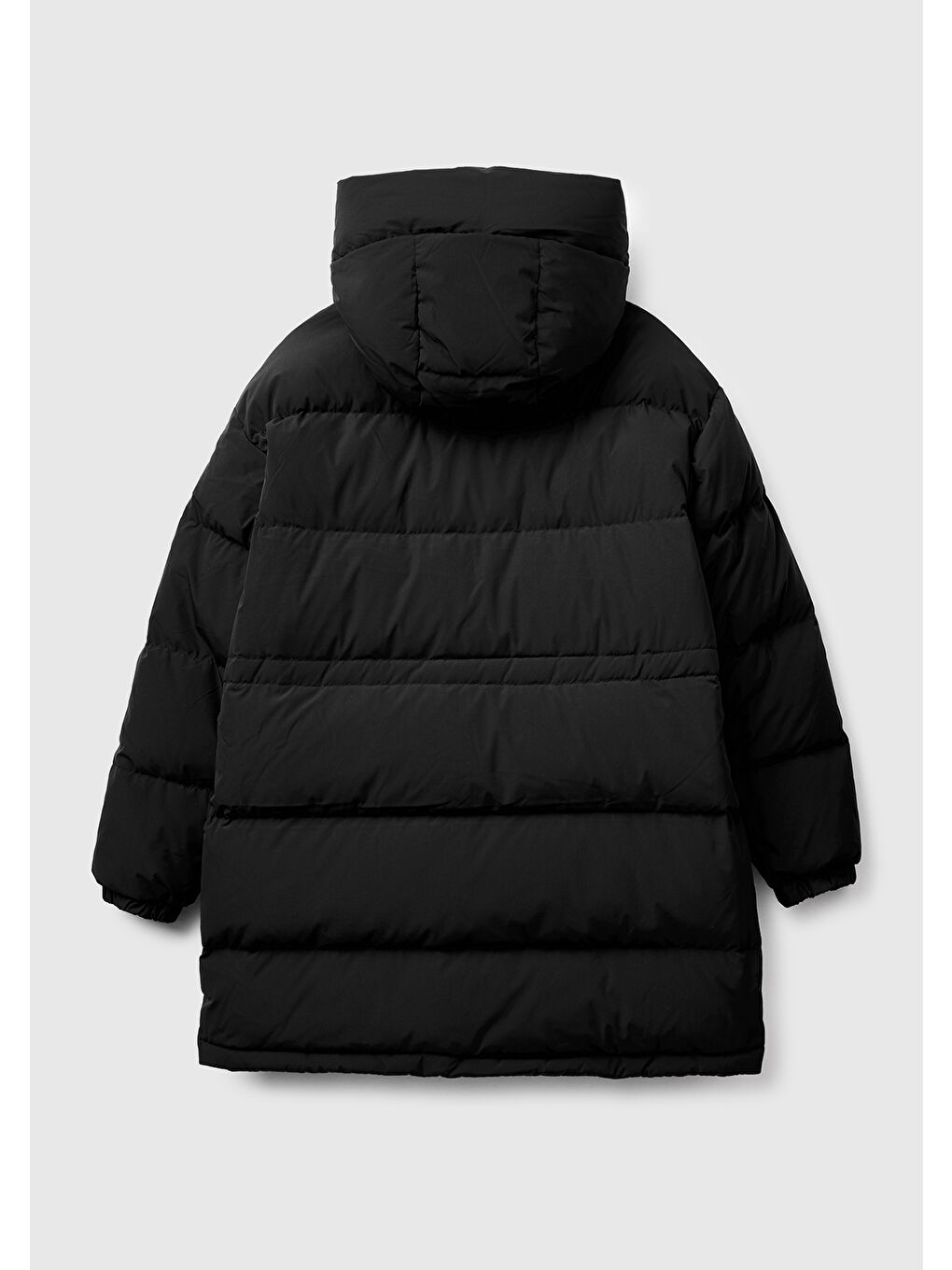 Kadın Siyah Kuş Tüyü Beli Bağcıklı Kapüşonlu Uzun Şişme Mont-3