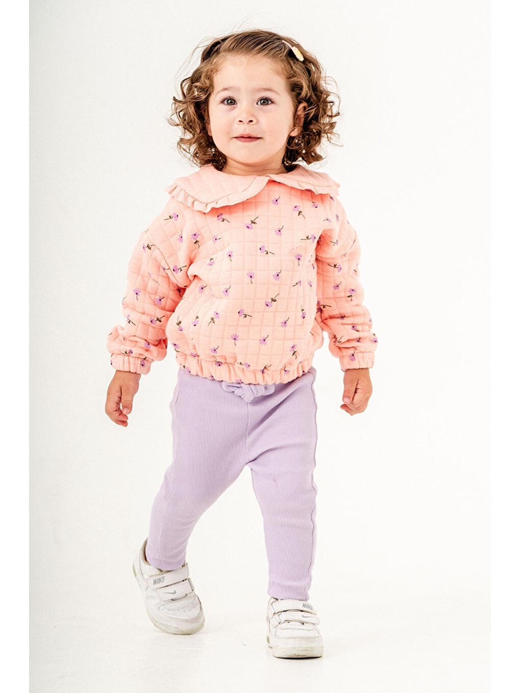 Karışık Çiçek Desenli Bebe Yaka Sweatshirt Tayt Set Alt-üst Takım Kız Çocuk