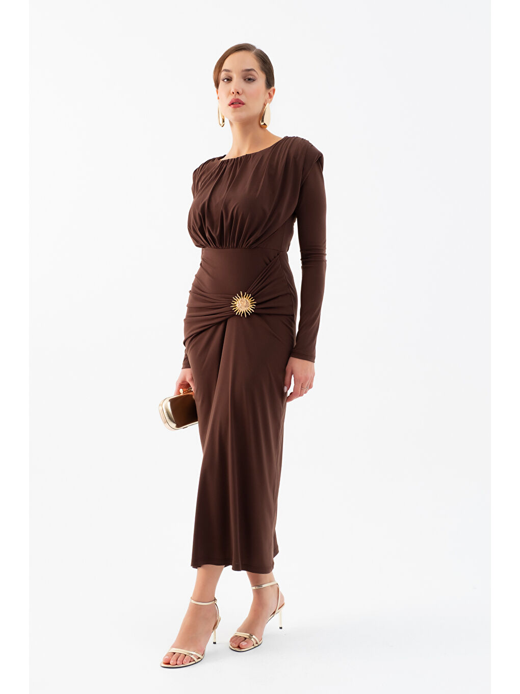 Kadın Kahverengi Büzgü Detaylı Uzun Kollu Elbise