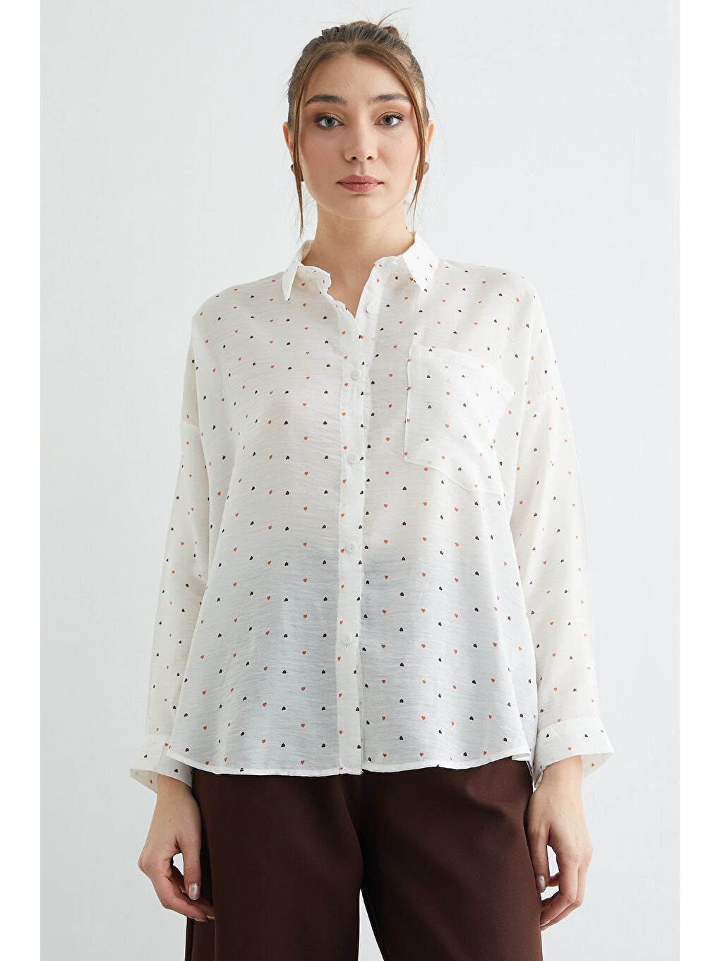 Ekru Kalp Baskılı Cepli Salaş Gömlek-2