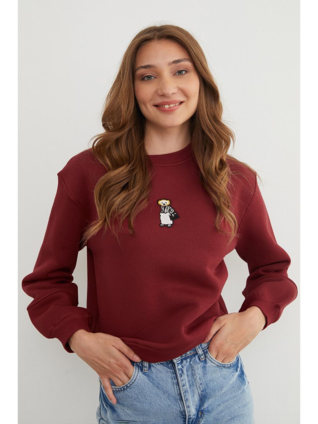 Bordo 3 İplik Ayıcık Nakışlı Bisiklet Yaka Sweatshirt