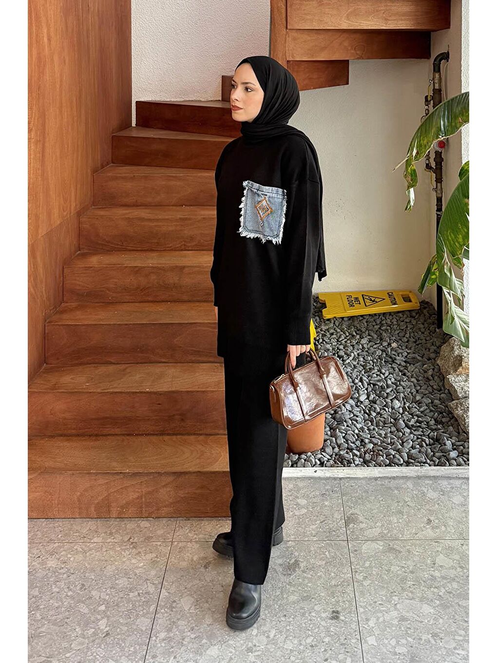 Cep Detaylı Triko Takım Siyah-1