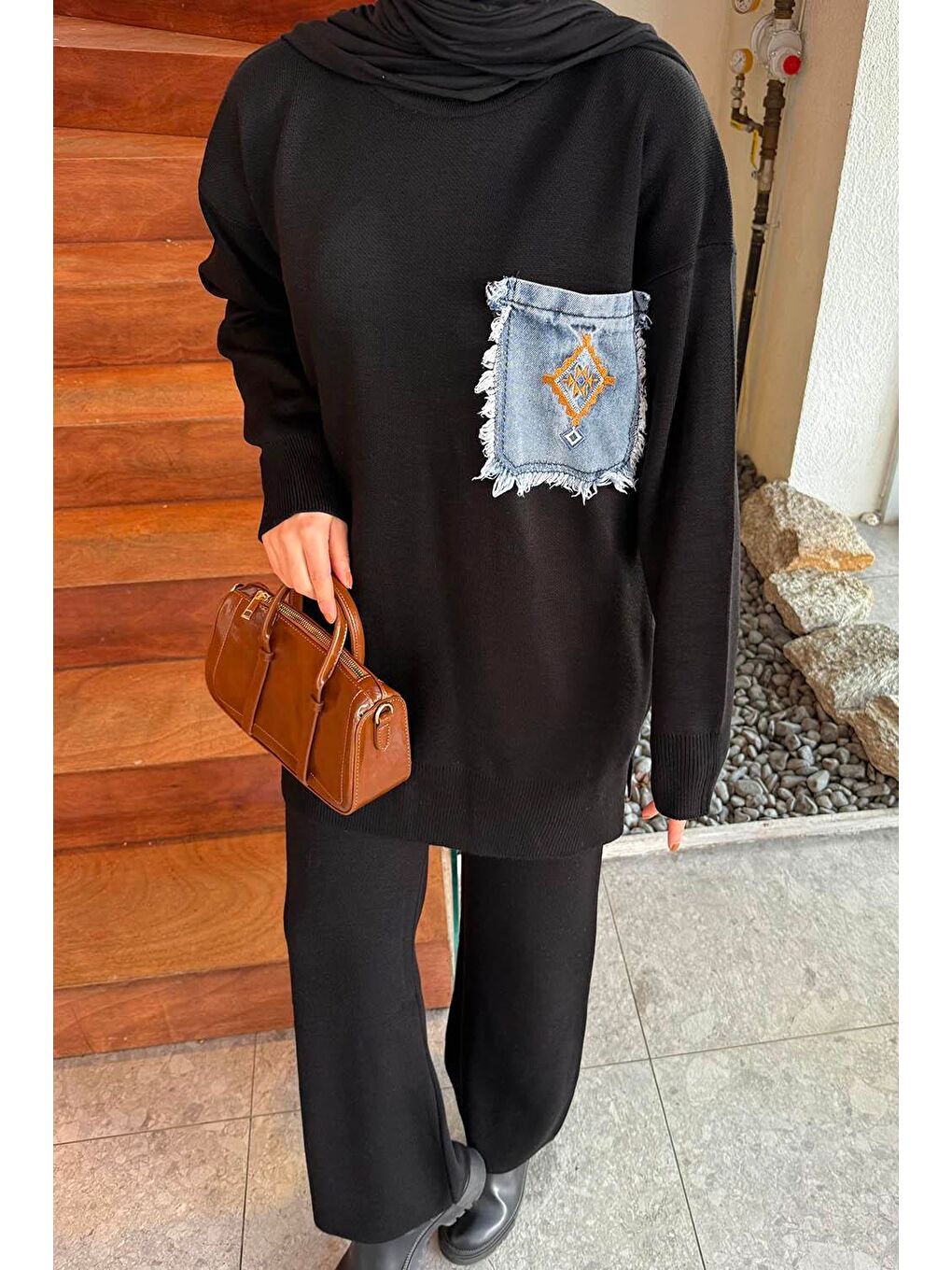 Cep Detaylı Triko Takım Siyah-2