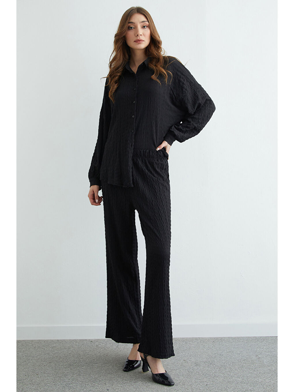 Siyah Fullamodest Dokulu Düğmeli 2 Li Takım