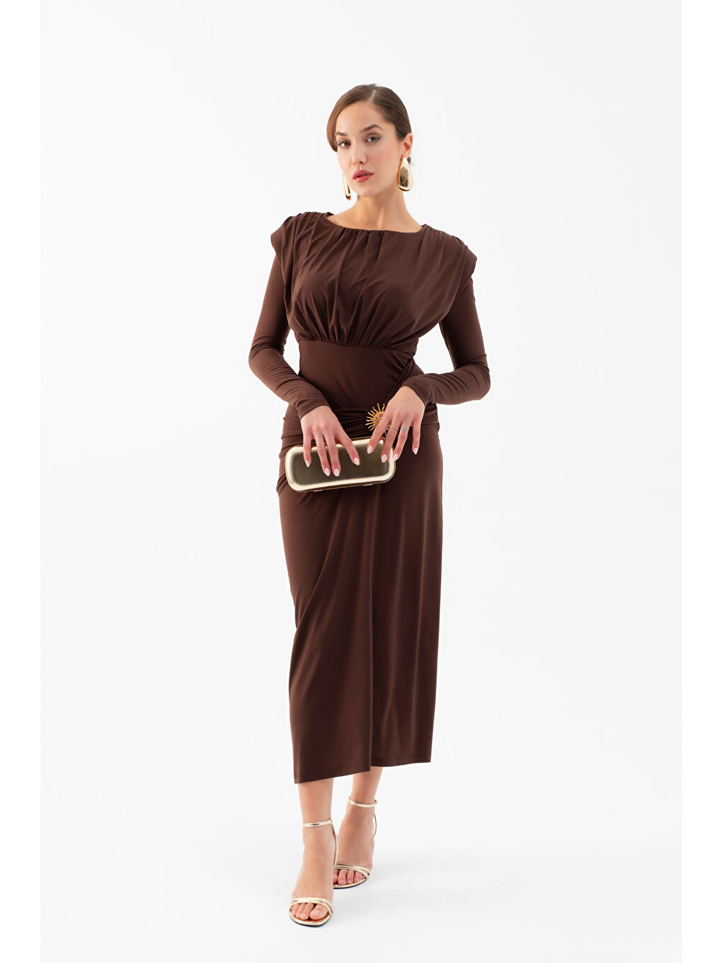 Kadın Kahverengi Büzgü Detaylı Uzun Kollu Elbise-1