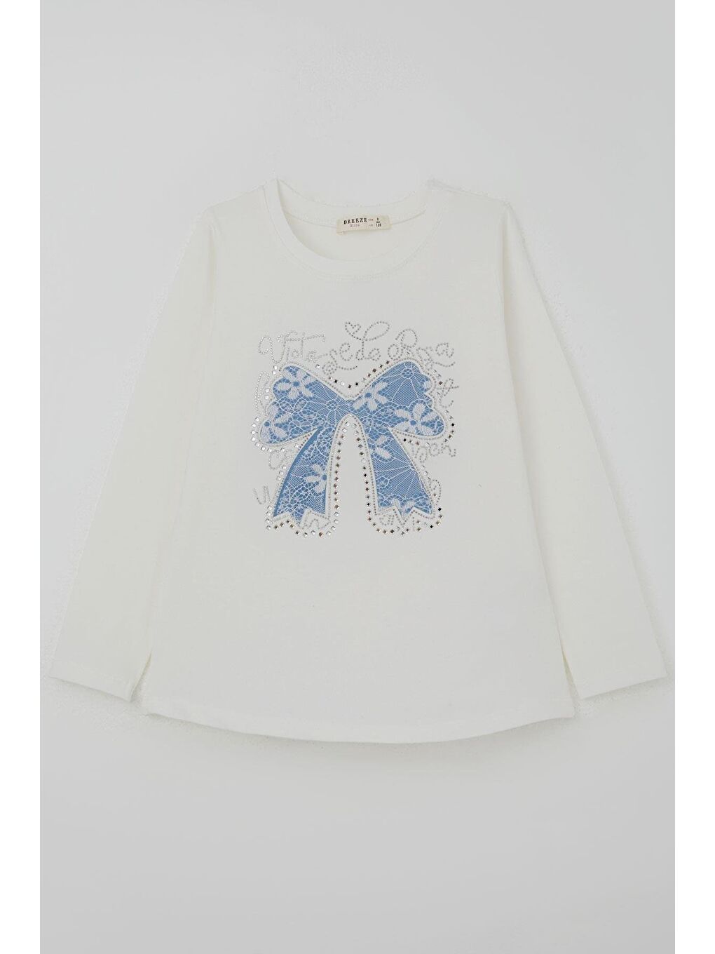Kız Çocuk Uzun Kollu Tişört Fiyonk Baskılı Taş Aksesuar Detaylı Beyaz (8-12 Yaş)-2