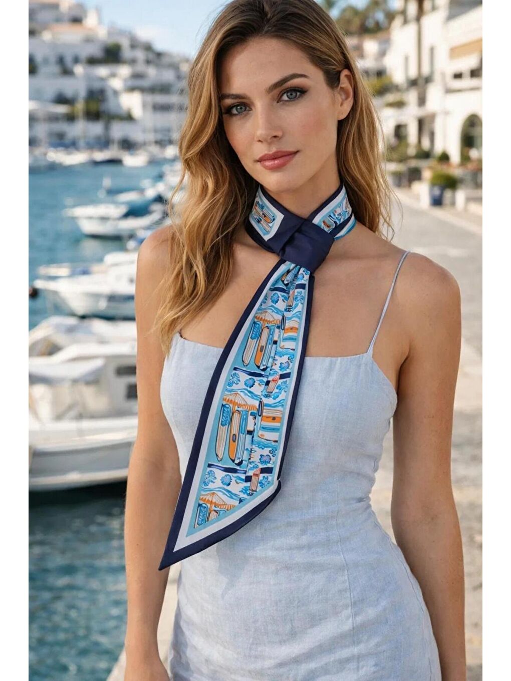 Kadın Lacivert Mavi Deniz Temalı Desenli Premium Boyun Fuları FLR1009 LACIVERT-2