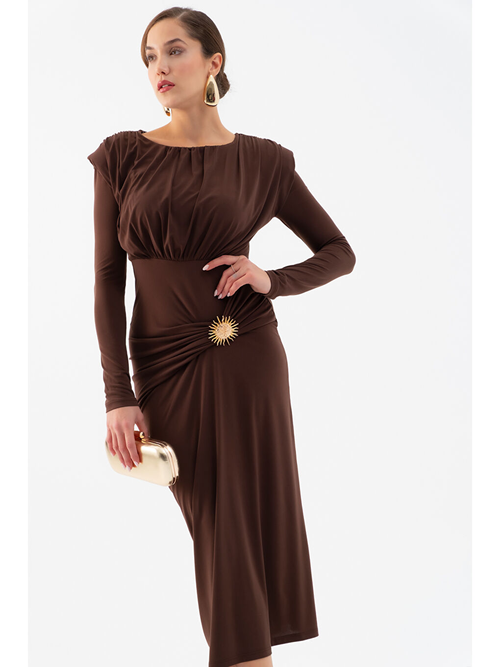 Kadın Kahverengi Büzgü Detaylı Uzun Kollu Elbise-2