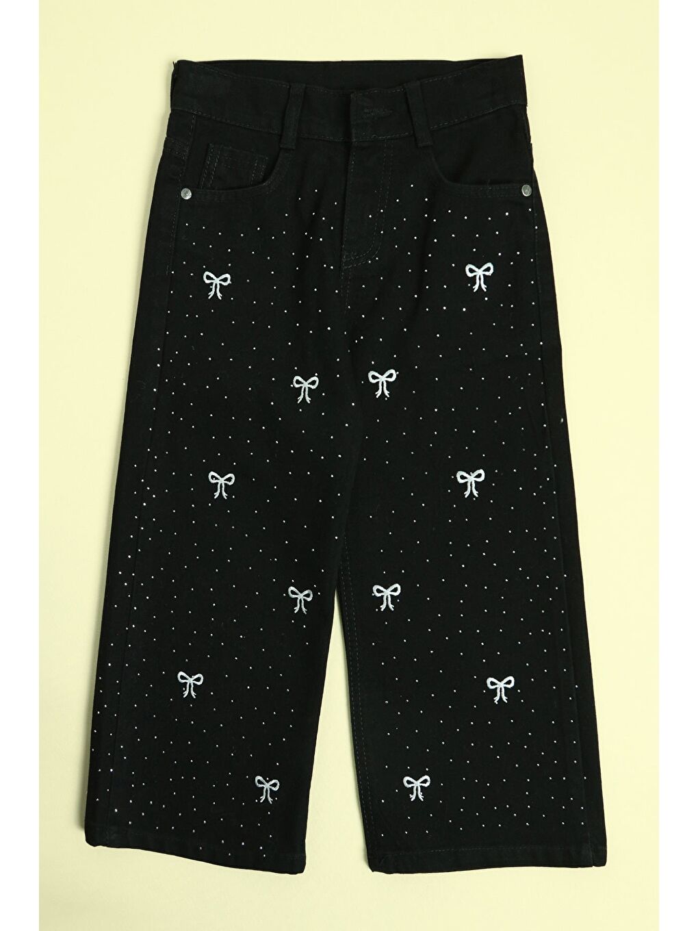 Siyah Beli Ayarlanabilir Nakışlı Taşlı Kız Çocuk Palazzo Pantolon