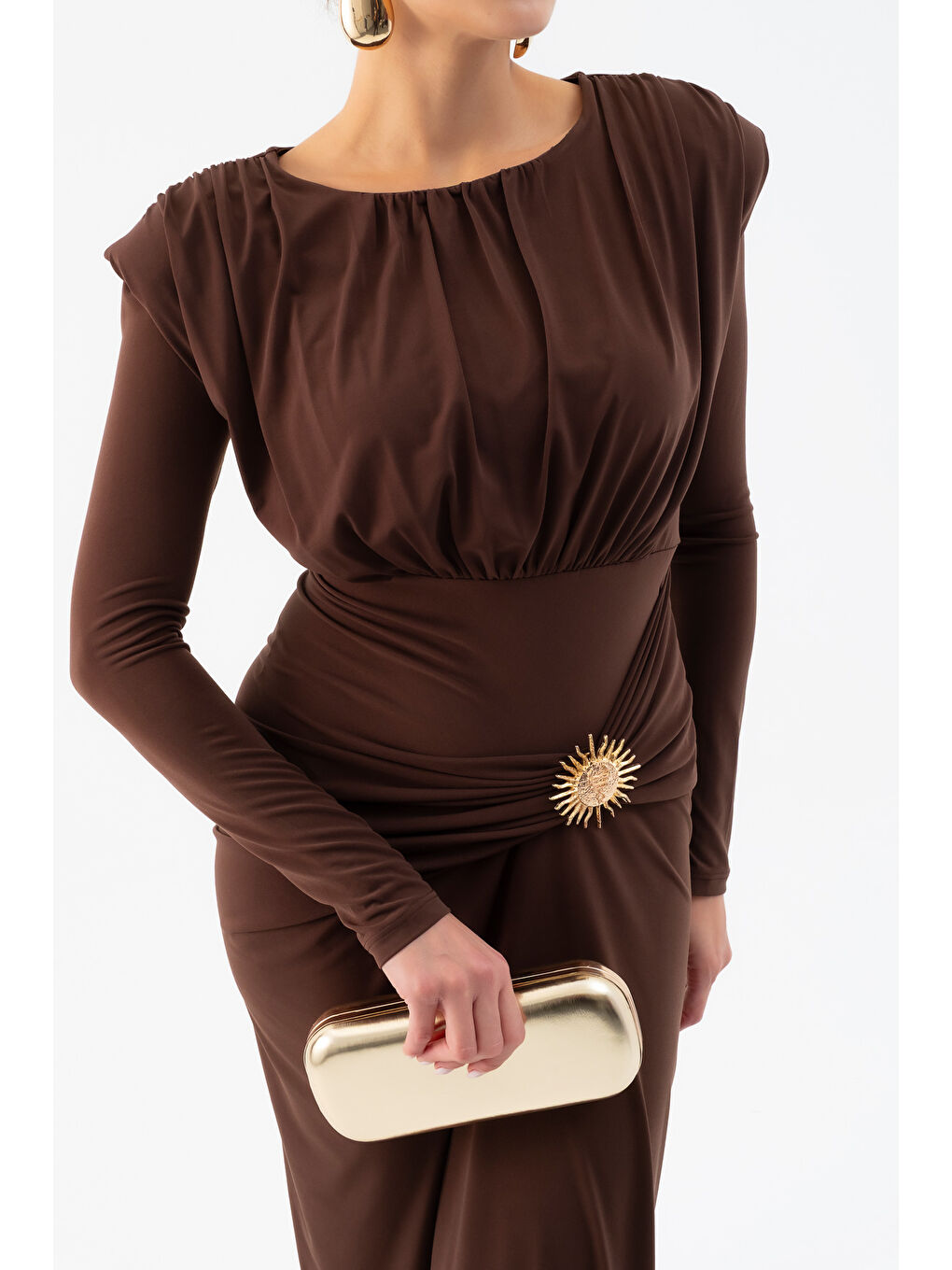 Kadın Kahverengi Büzgü Detaylı Uzun Kollu Elbise-3