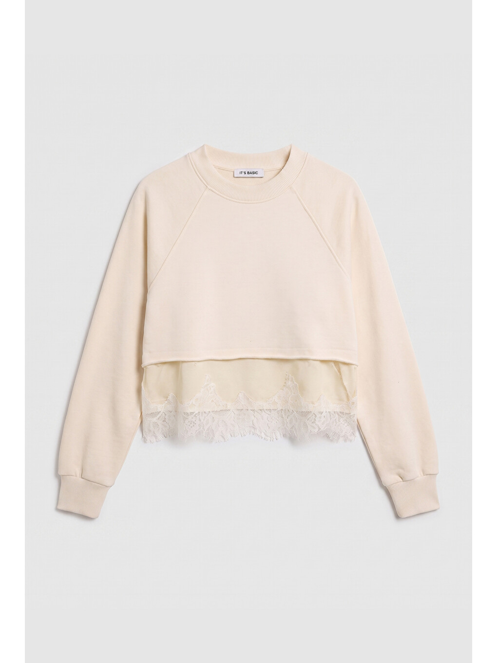Kadın Bej W6-105 Dantel Detaylı Bol Kesim Tasarım Sweatshirt-5