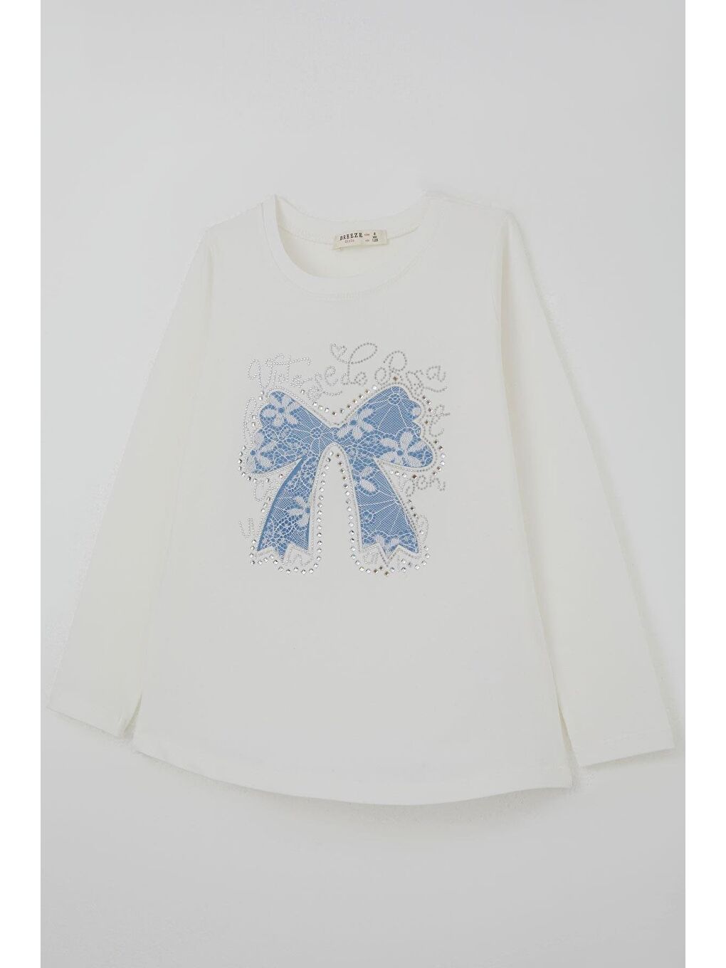 Kız Çocuk Uzun Kollu Tişört Fiyonk Baskılı Taş Aksesuar Detaylı Beyaz (8-12 Yaş)-4