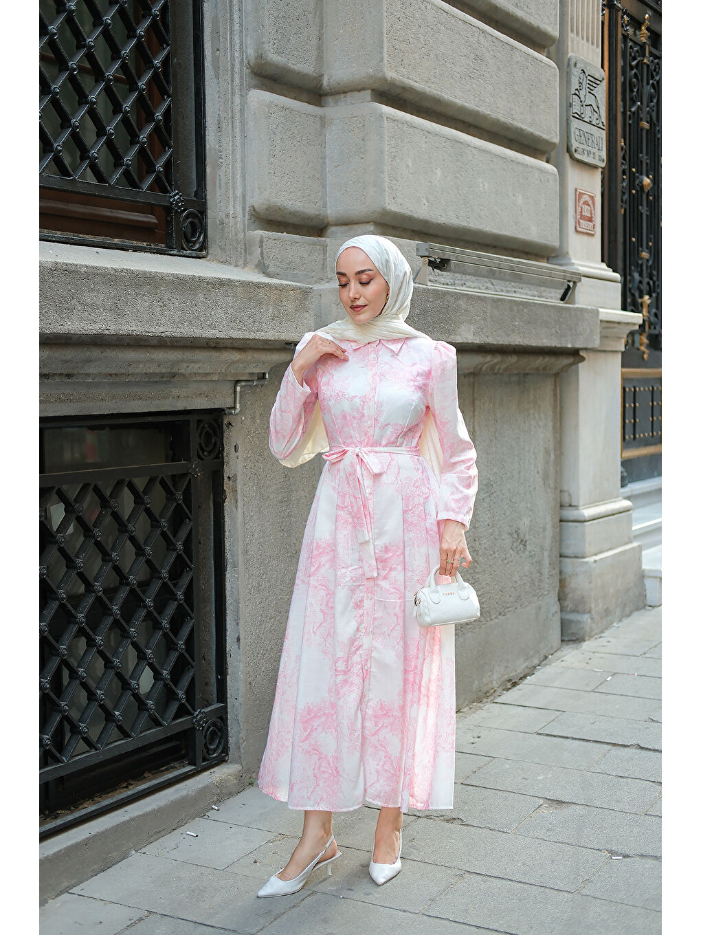 Kadın Fiyonk Detaylı Keten Elbise Pembe-2