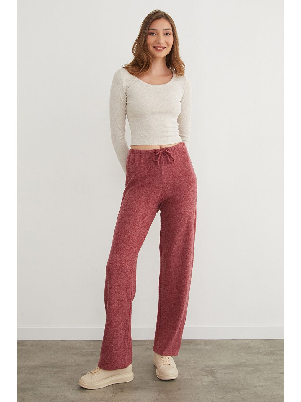 Bordo Beli Bağlamalı Yumoş Palazzo Pantolon