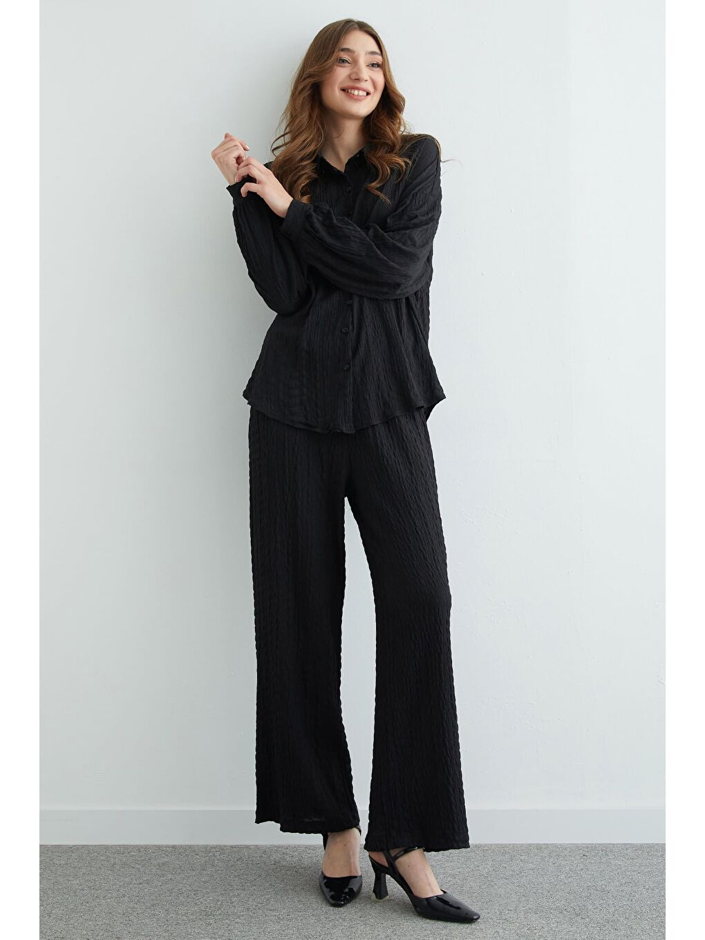 Siyah Fullamodest Dokulu Düğmeli 2 Li Takım-1