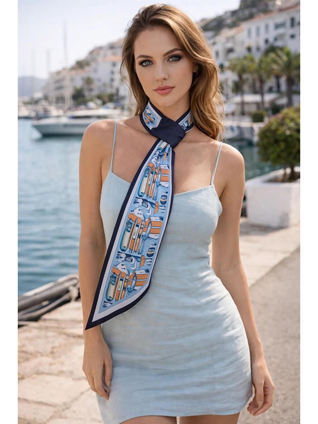 Kadın Lacivert Mavi Deniz Temalı Desenli Premium Boyun Fuları FLR1009 LACIVERT-3