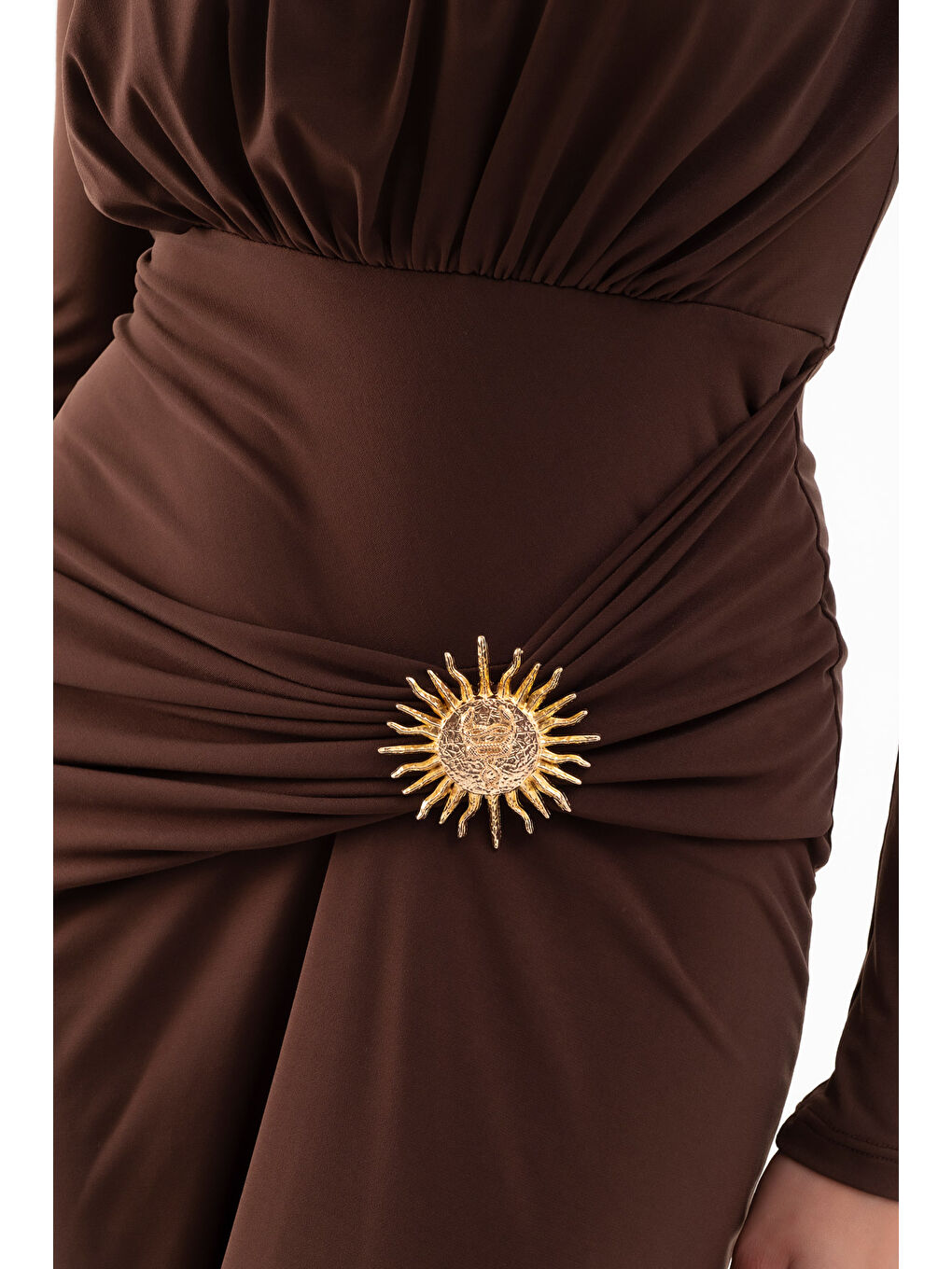 Kadın Kahverengi Büzgü Detaylı Uzun Kollu Elbise-4