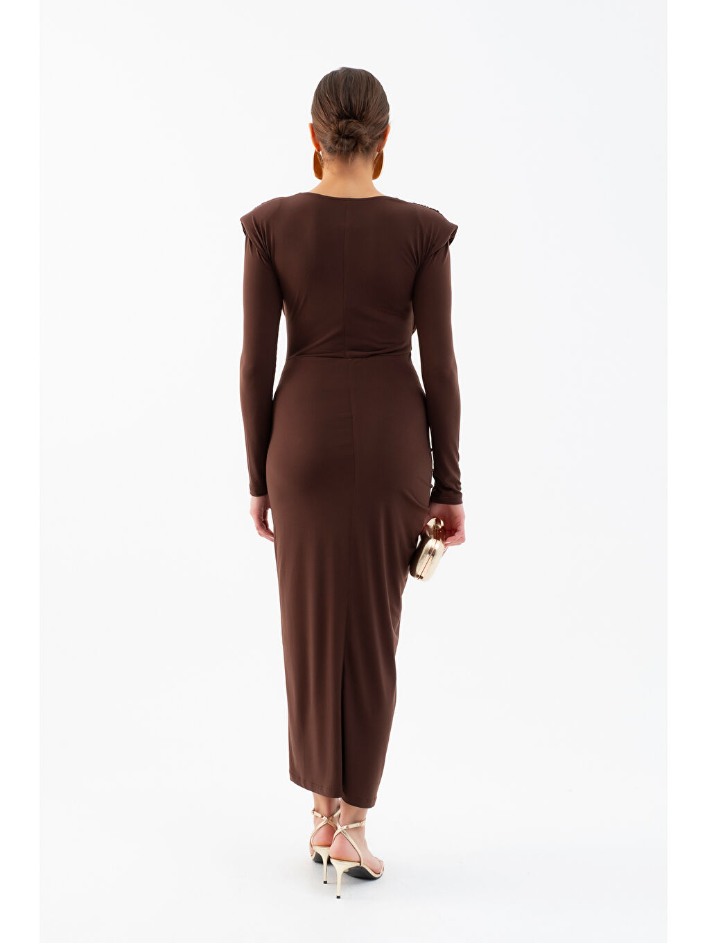 Kadın Kahverengi Büzgü Detaylı Uzun Kollu Elbise-5