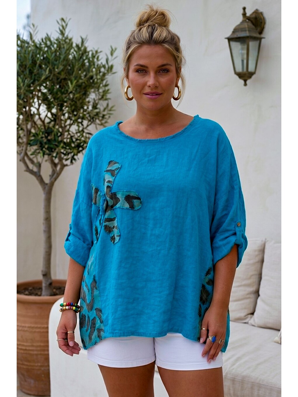 İtalyan Mavi Havuz Yaka 3/4 Kol Yıkamalı Aplikeli Casual 100% Keten Oversize Dokuma Bluz 80 74-3