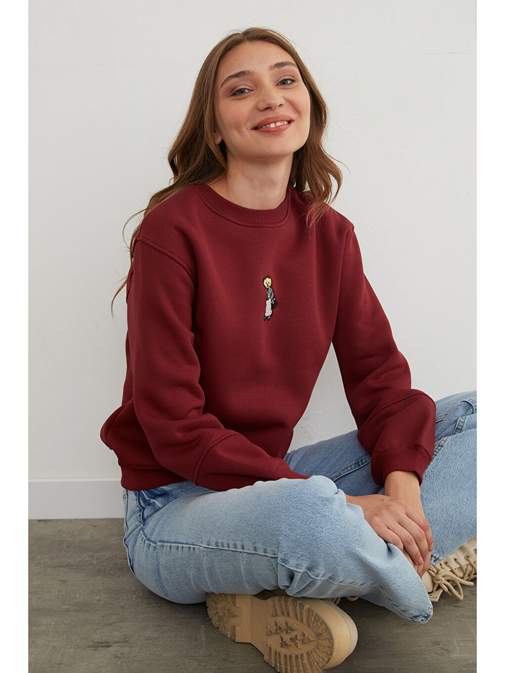 Bordo 3 İplik Ayıcık Nakışlı Bisiklet Yaka Sweatshirt-1