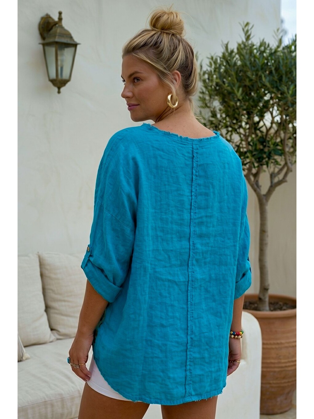 İtalyan Mavi Havuz Yaka 3/4 Kol Yıkamalı Aplikeli Casual 100% Keten Oversize Dokuma Bluz 80 74-5
