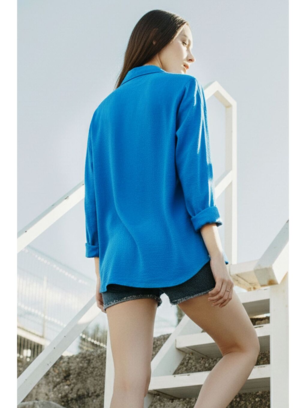 Mavi Rahat Kalıp Viskon Gömlek-2