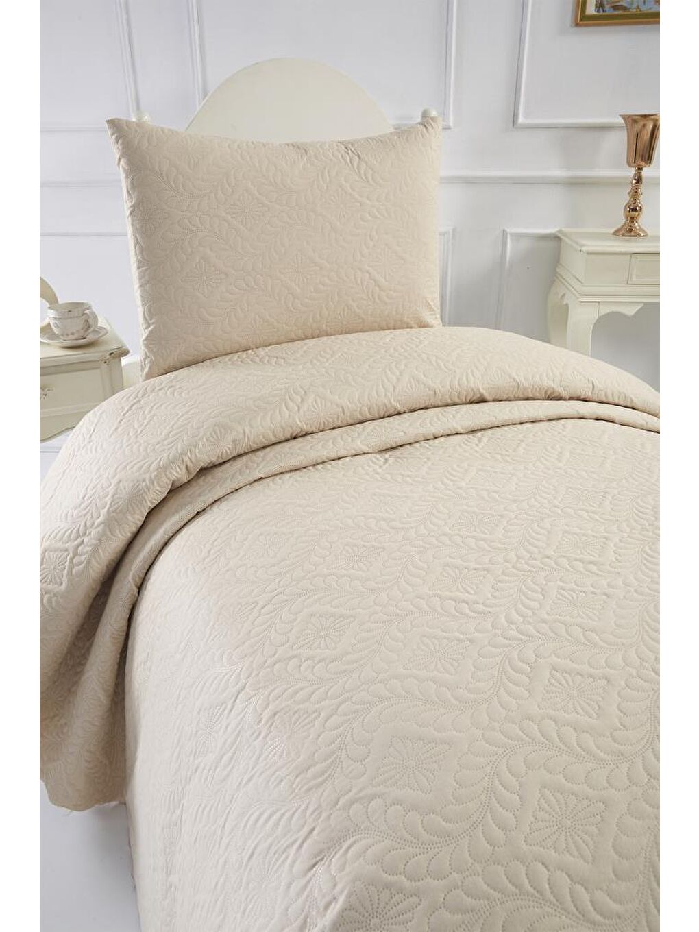 Ultrasonik Kapitoneli Elite Tek Kişilik Yatak Örtüsü Bej-3