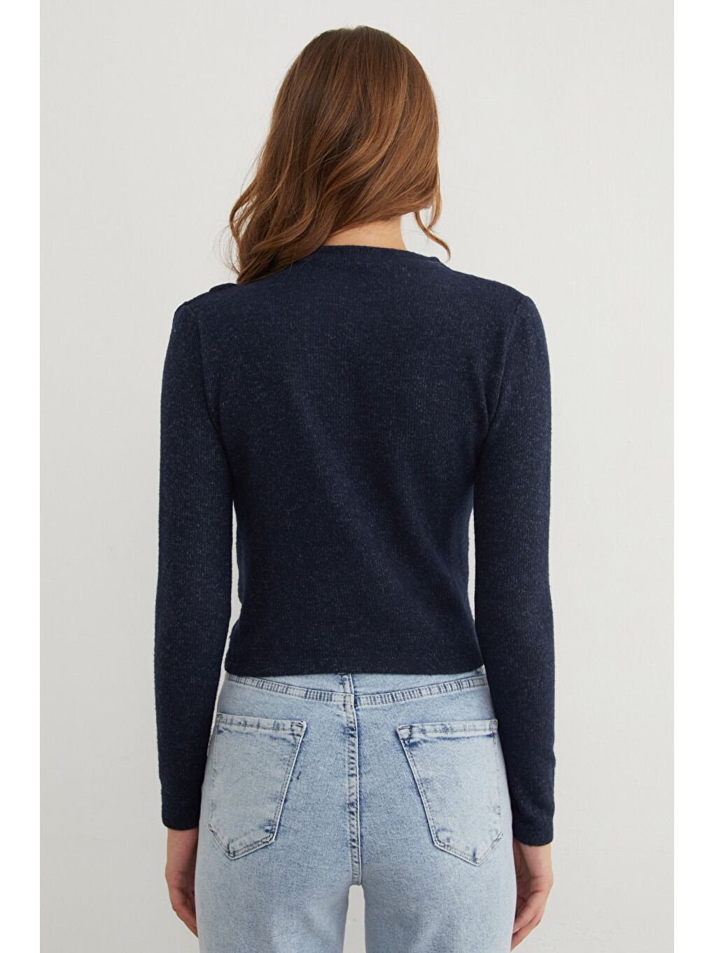 Lacivert Yanı Drapeli Dik Yaka Triko Bluz-4