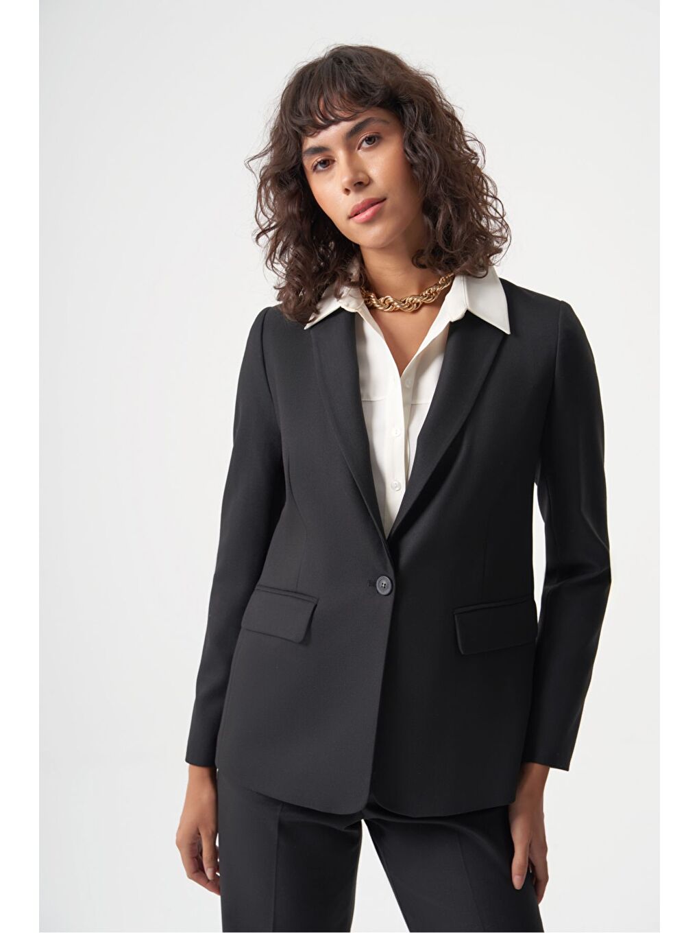 MZL Siyah Balıksırtı Dokuma Tek Düğme Blazer Ceket