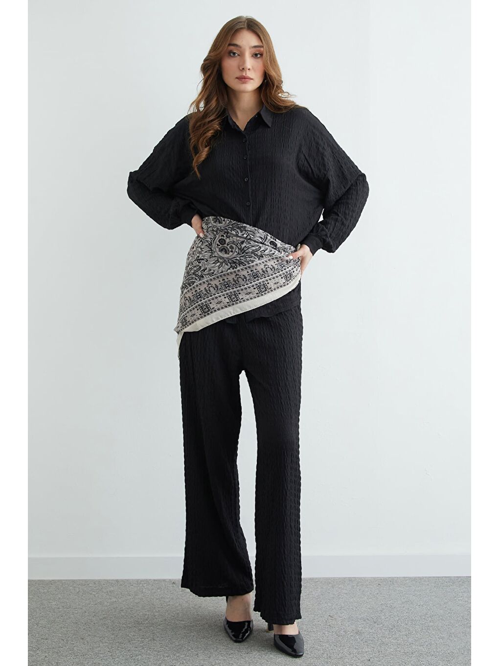 Siyah Fullamodest Dokulu Düğmeli 2 Li Takım-3