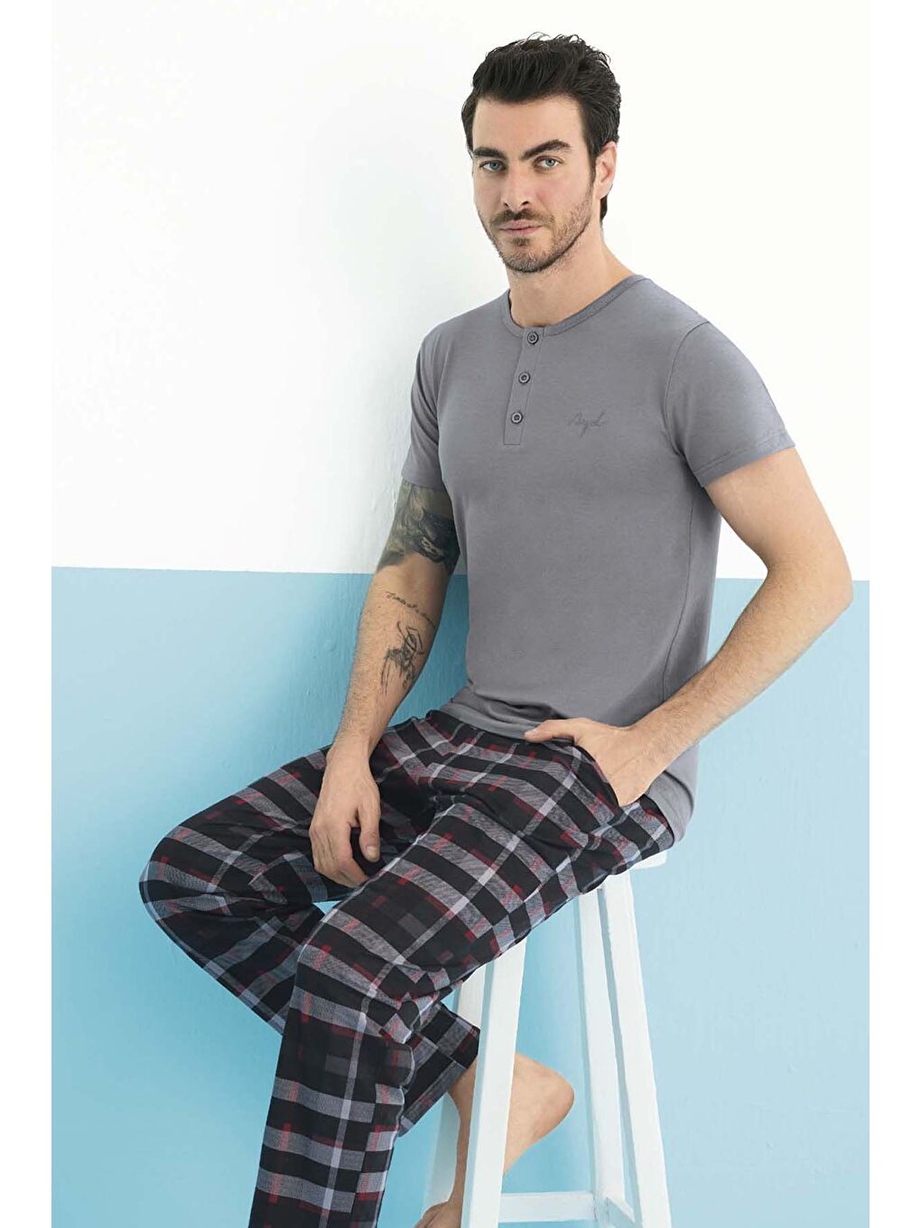 Erkek Kısa Kol Modal Pijama Takımı 250152 Gri-1