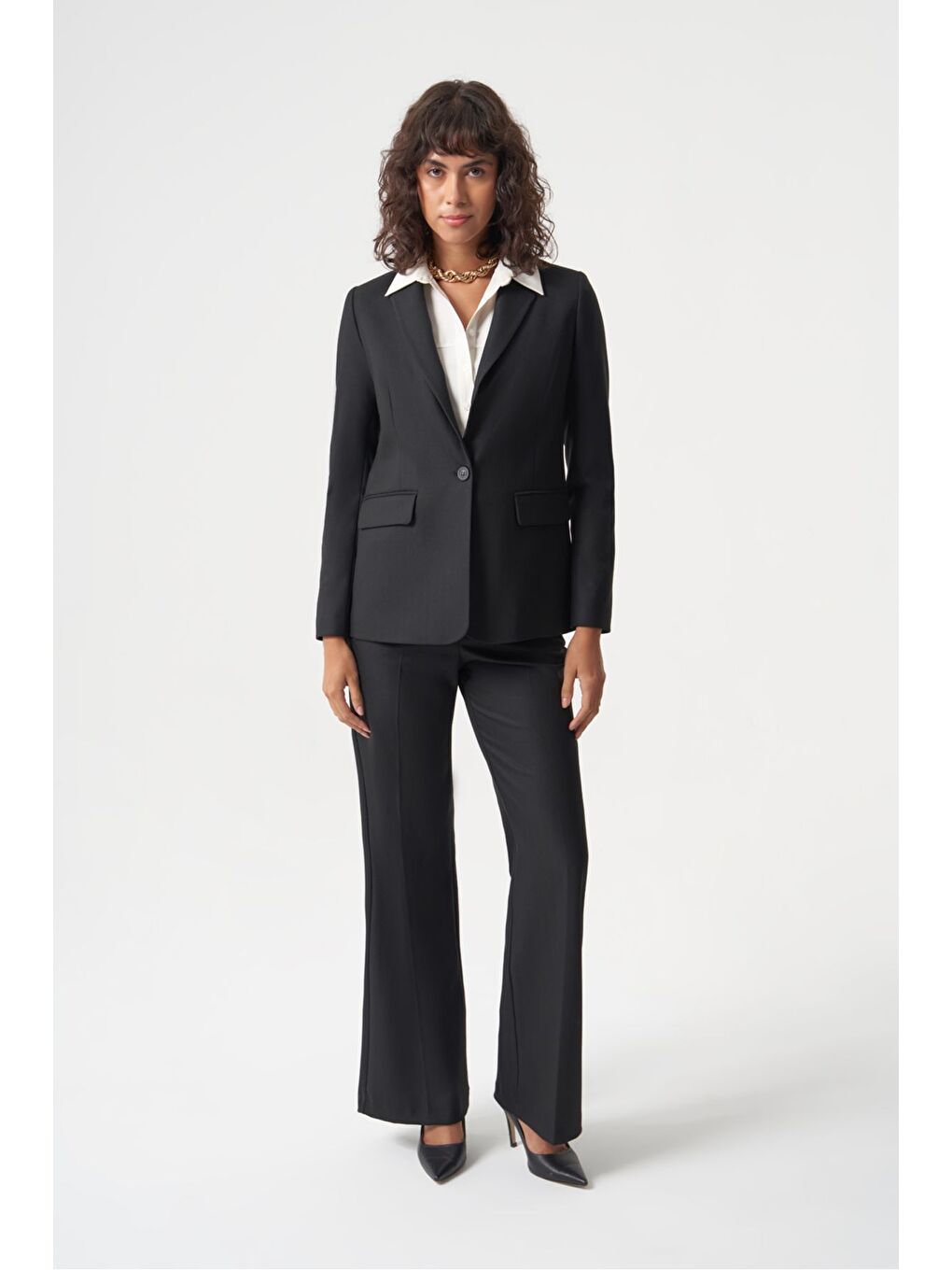 MZL Siyah Balıksırtı Dokuma Tek Düğme Blazer Ceket-1